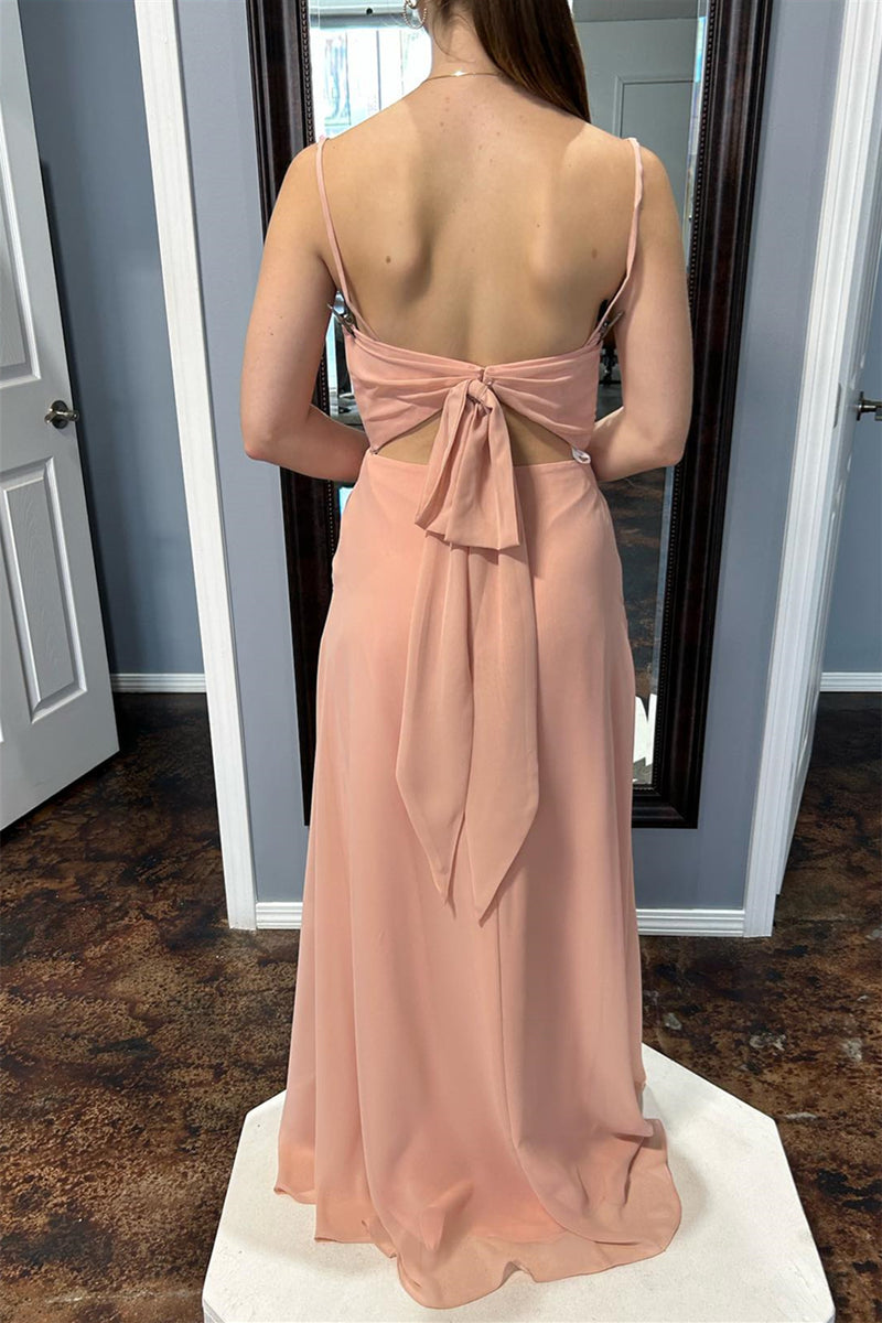 Pink Straps Cowl Neck Chiffon Long Bridesmaid Dress