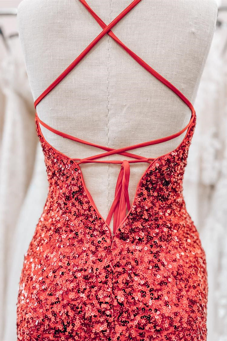 Red Lace-Up Sequins Sheath V Neck Homecoming Dress with Tassels