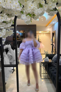 Lavender Cold Shoulder Straps Puff Sleeves Layers Homecoming Dress