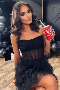 Black Strapless Beaded Multi-Layers Homecoming Dress