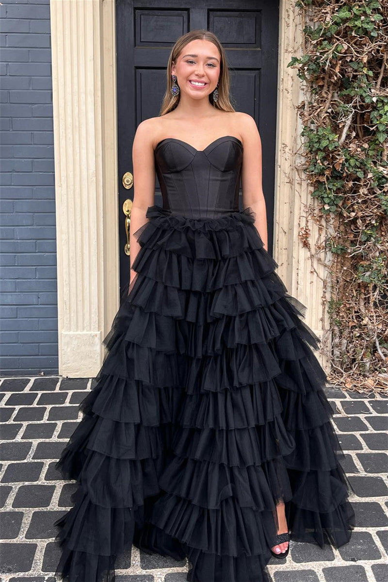 Black Strapless A-line Multi-Layers Tulle Long Prom Dress