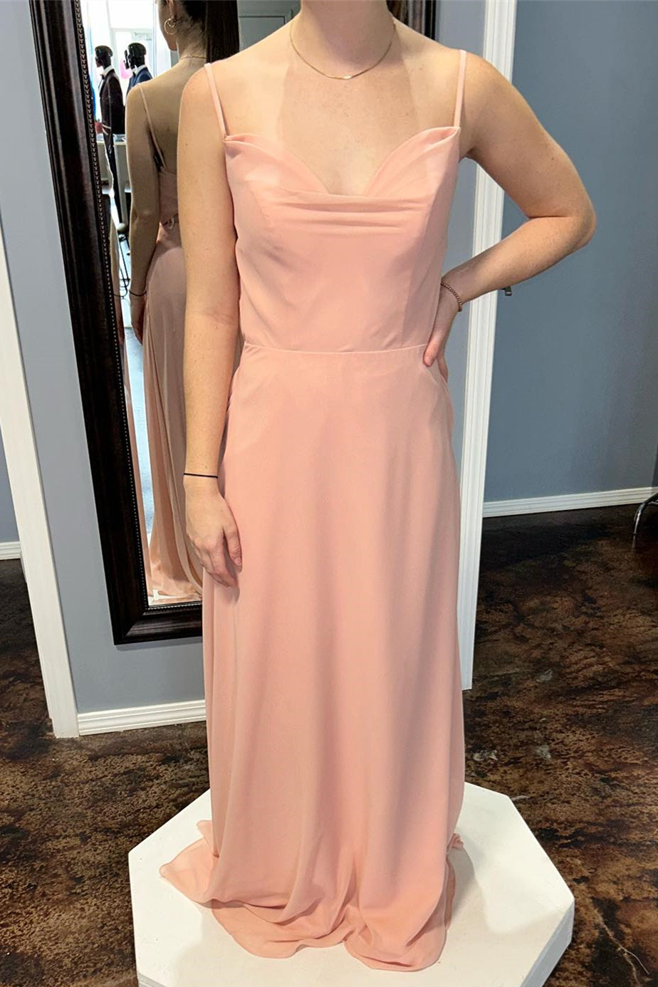 Pink Straps Cowl Neck Chiffon Long Bridesmaid Dress