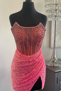 Pink Strapless Sequins Sheath Beaded Homecoming Dress