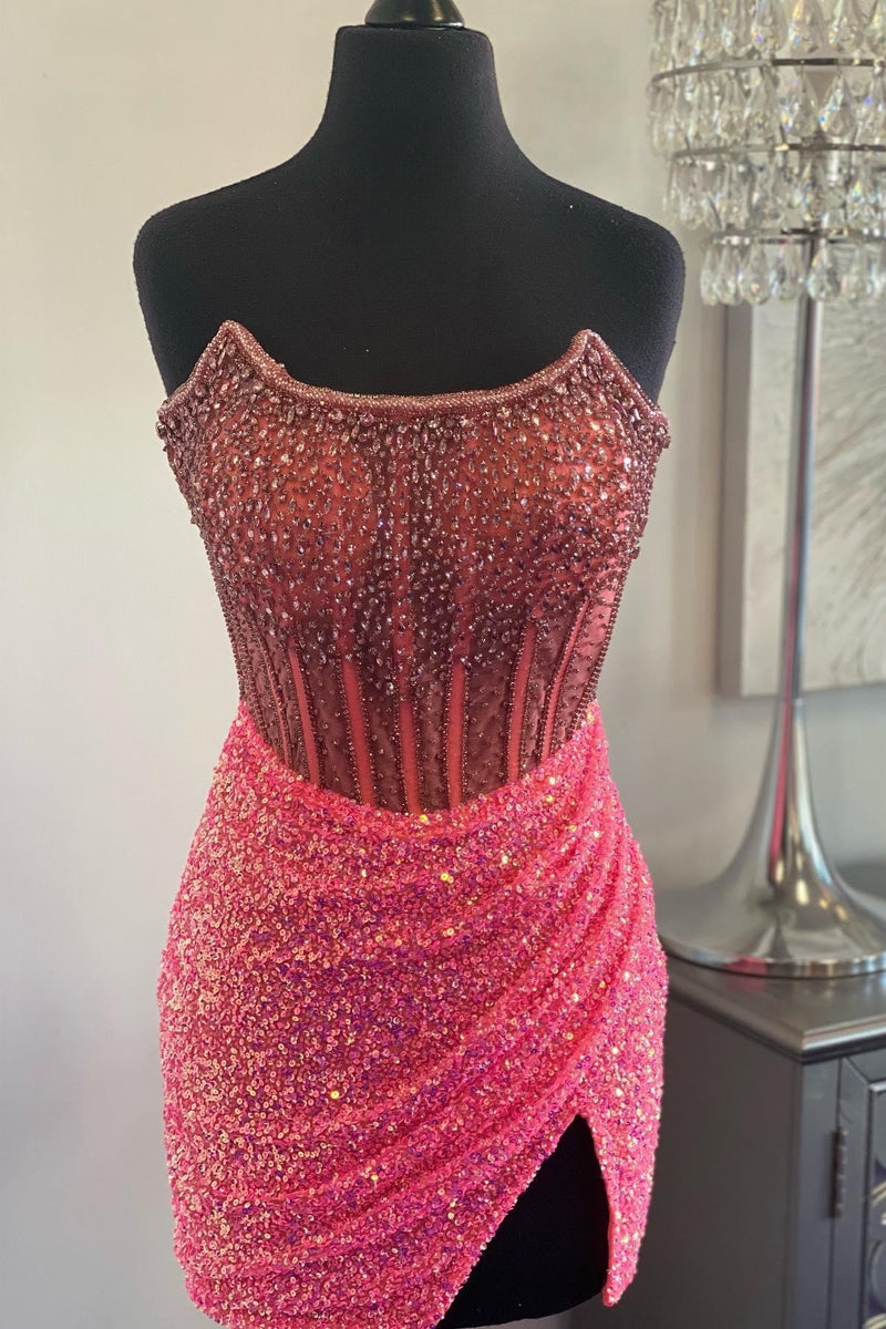 Pink Strapless Sequins Sheath Beaded Homecoming Dress