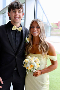 Off the Shoulder Yellow Soft Satin Fitted Party Dress