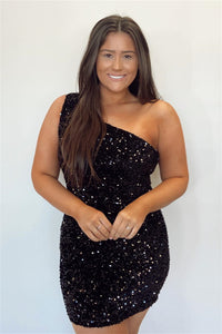 Black One Shoulder Sequins Sheath Homecoming Dress
