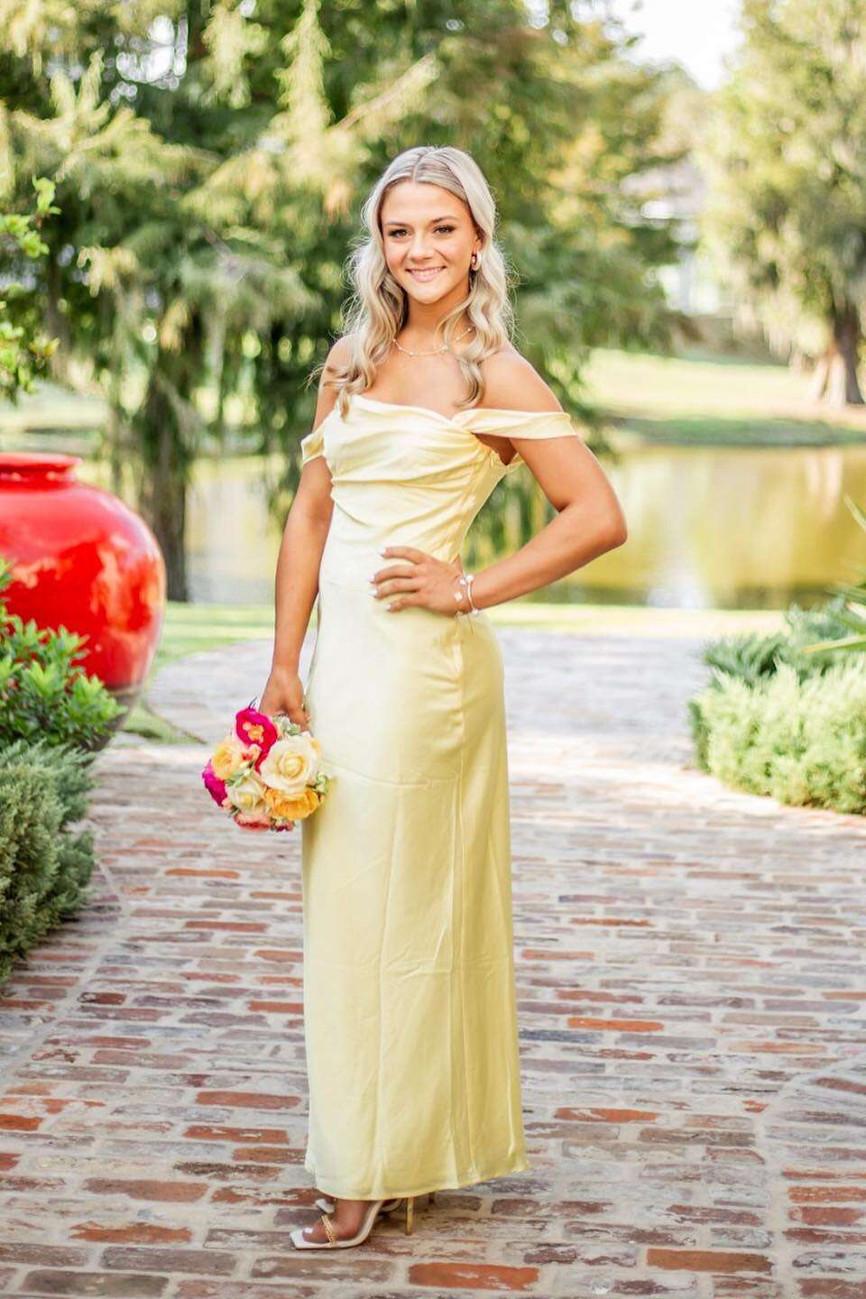 Off the Shoulder Yellow Soft Satin Fitted Party Dress