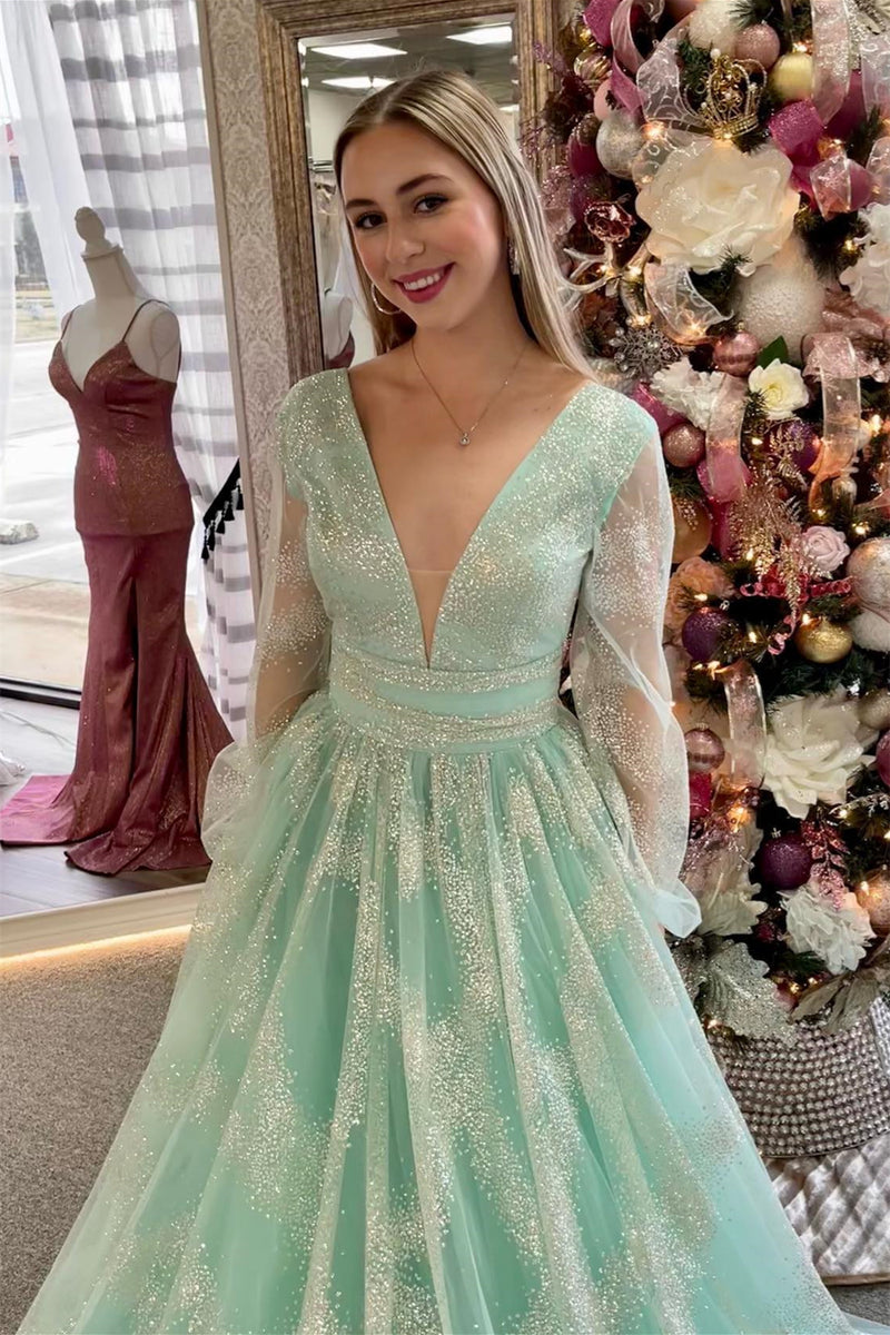 Dusty Sage Plunging V Neck Illusion Sleeves Beaded Long Prom Dress