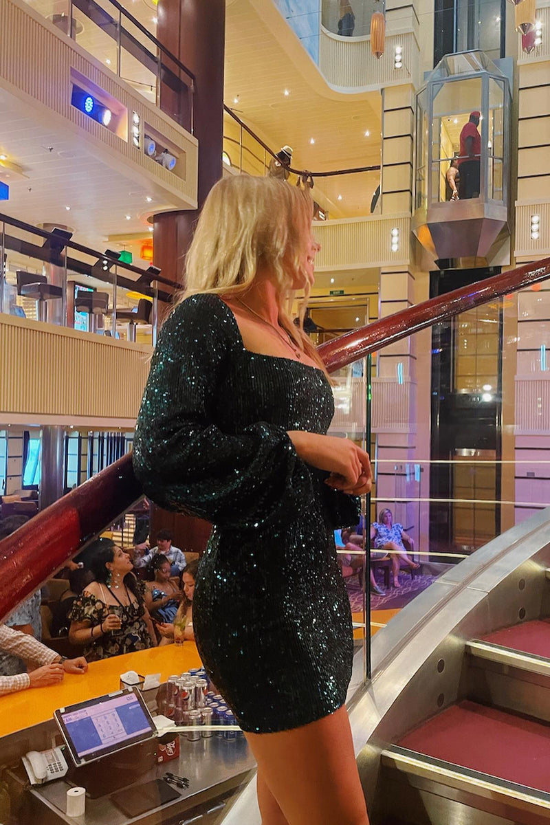 Dark Green Long Sleeves Sequins Lace-Up Square Neck Homecoming Dress