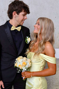 Off the Shoulder Yellow Soft Satin Fitted Party Dress
