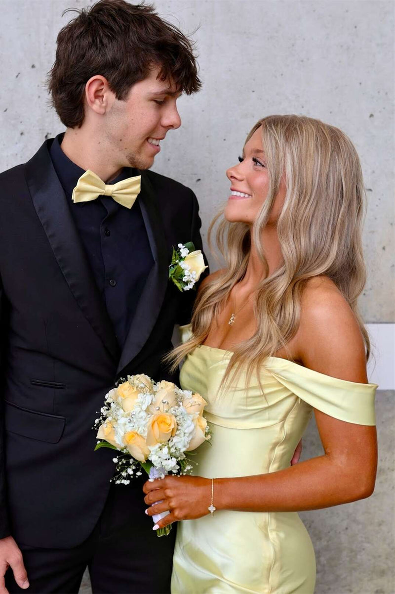 Off the Shoulder Yellow Soft Satin Fitted Party Dress