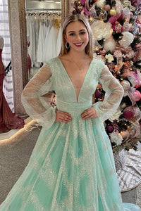 Dusty Sage Plunging V Neck Illusion Sleeves Beaded Long Prom Dress