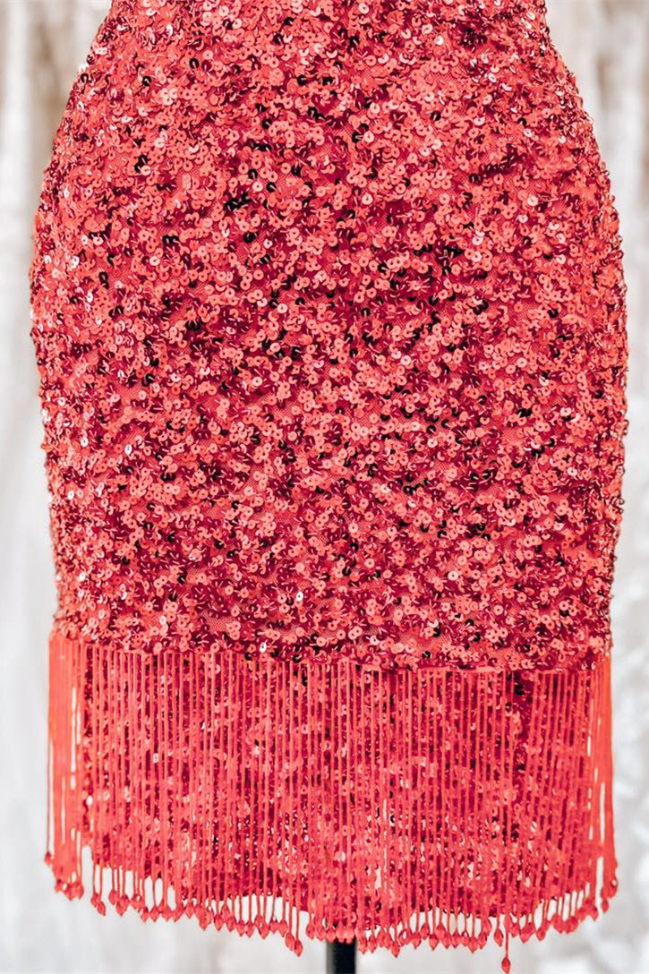 Red Lace-Up Sequins Sheath V Neck Homecoming Dress with Tassels