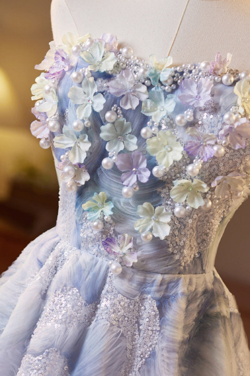 Strapless Lace Floral Applique  Baeding A-line Homecoming Dress