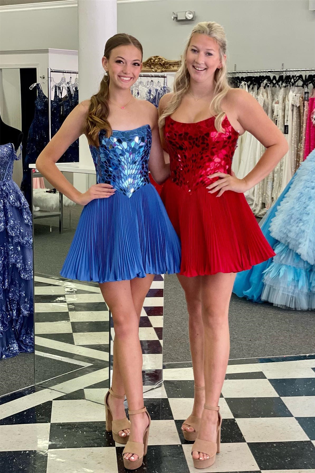 Blue Jay & Red Strapless Mirror-Cut Sequins A-line Homecoming Dress