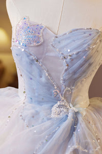 Strapless Blue Butterfly Patttern Short A-line Dress