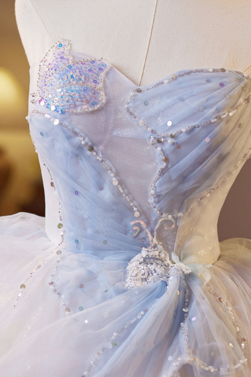 Strapless Blue Butterfly Patttern Short A-line Dress