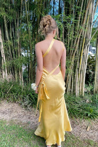 One Shoulder Yellow Soft Satin Fitted Party Dress