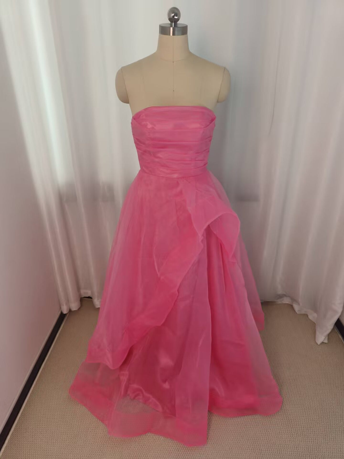 Strapless Pink Ruffled Hem A-line Long Dress