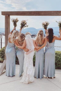 Cowl Neck Light Blue Satin Fitted Long Bridesmaid Dress