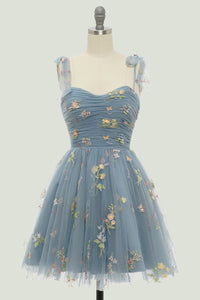 Duaty Blue Bow Tie Embroidery Tulle A-line Homecoming Dress
