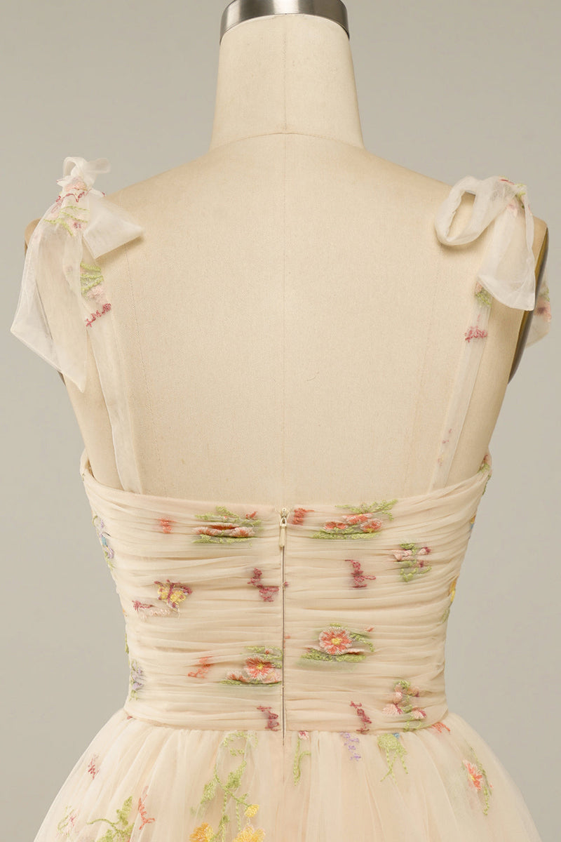 Champagne Bow Tie Embroidery Tulle A-line Homecoming Dress