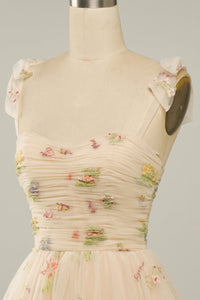 Champagne Bow Tie Embroidery Tulle A-line Homecoming Dress