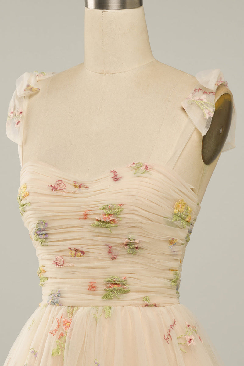 Champagne Bow Tie Embroidery Tulle A-line Homecoming Dress