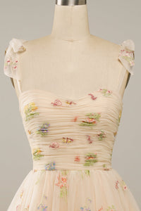 Champagne Bow Tie Embroidery Tulle A-line Homecoming Dress