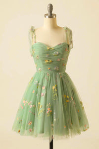 Green Bow Tie Embroidery Tulle A-line Homecoming Dress