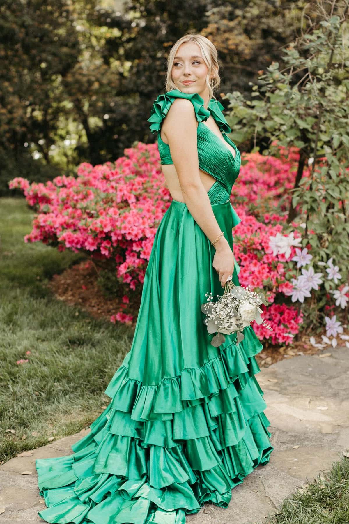 Red Ruffled Crossed Top Hi-Low Layers Long Prom Dress