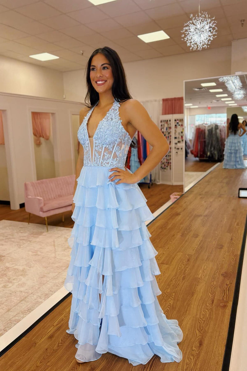 Halter Red Lace Appliques Chiffon Ruffle Prom Dress