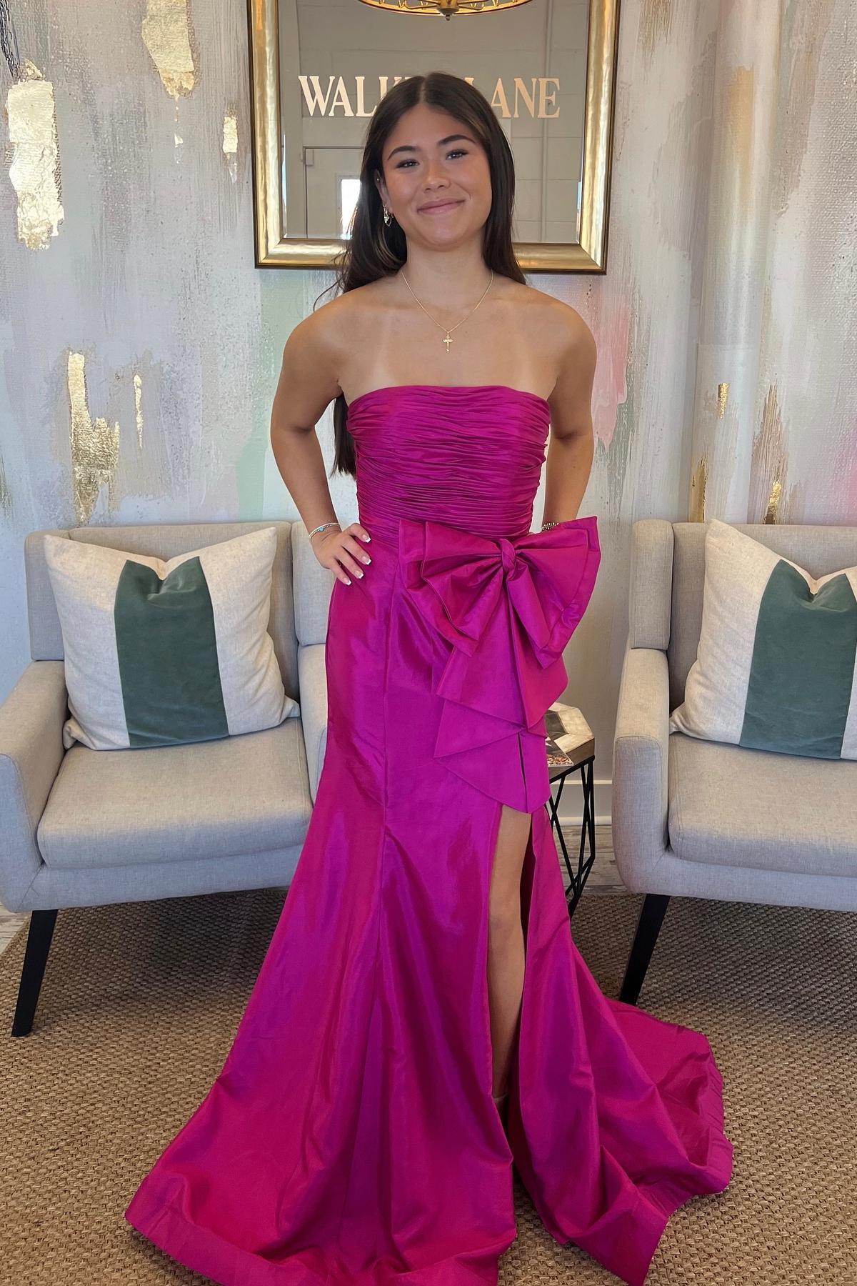 Strapless Red Fitted Long Formal Dress with Bow