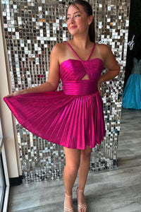 Halter Gold Metallic Pleated A-line Short Party Dress