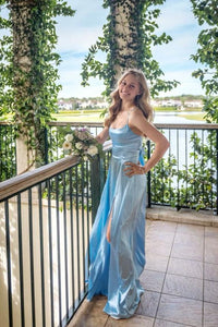 Straps Blue Ruched Soft Satin A-line Dress