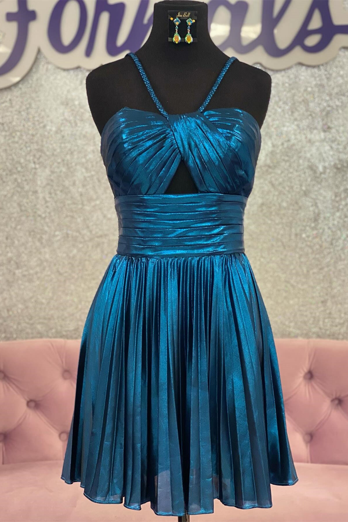 Halter Gold Metallic Pleated A-line Short Party Dress