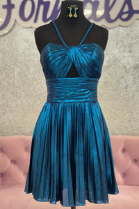 Halter Gold Metallic Pleated A-line Short Party Dress