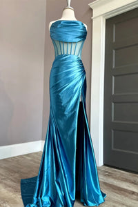 Blue Satin Strapless Pleated Mermaid Long Prom Dress with Slit