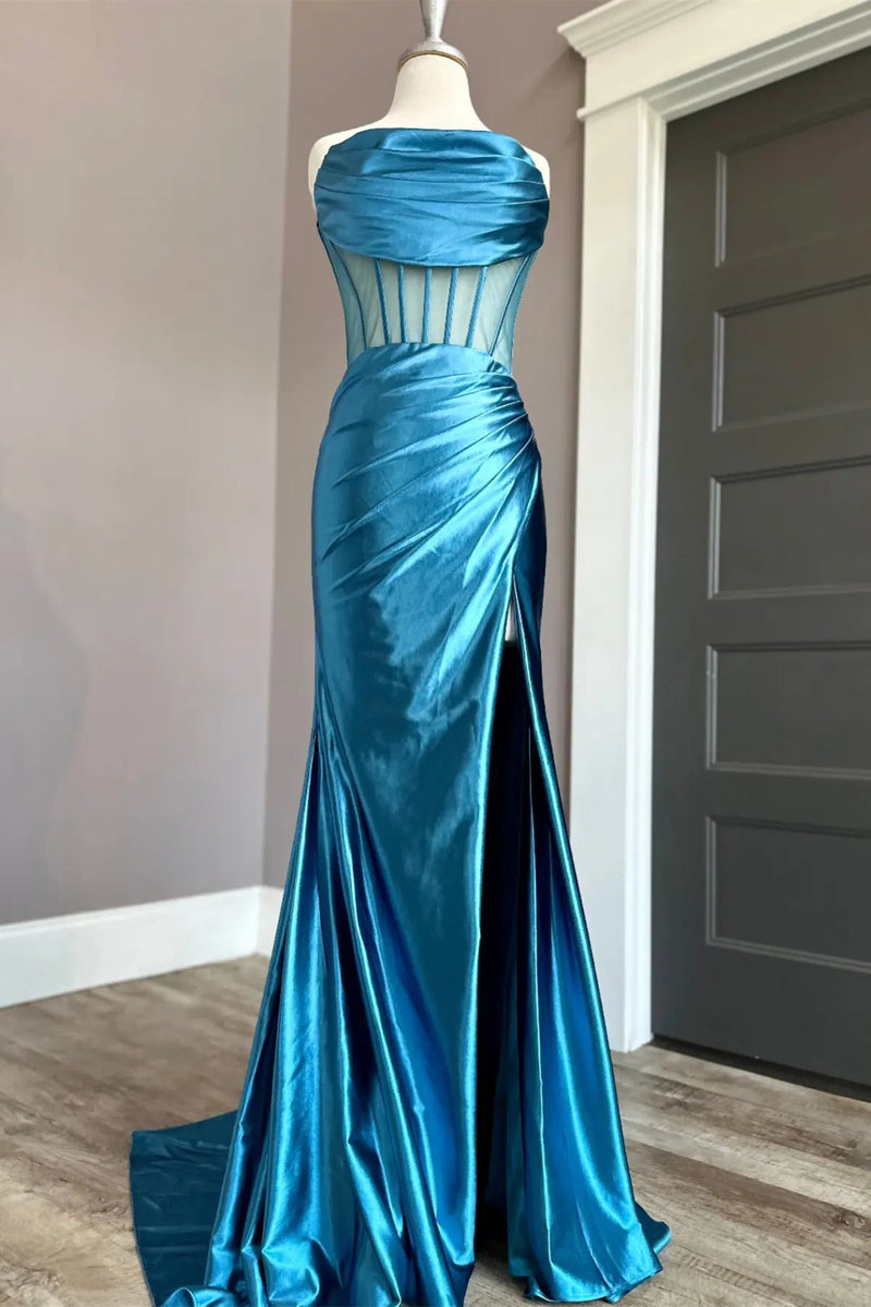 Blue Satin Strapless Pleated Mermaid Long Prom Dress with Slit