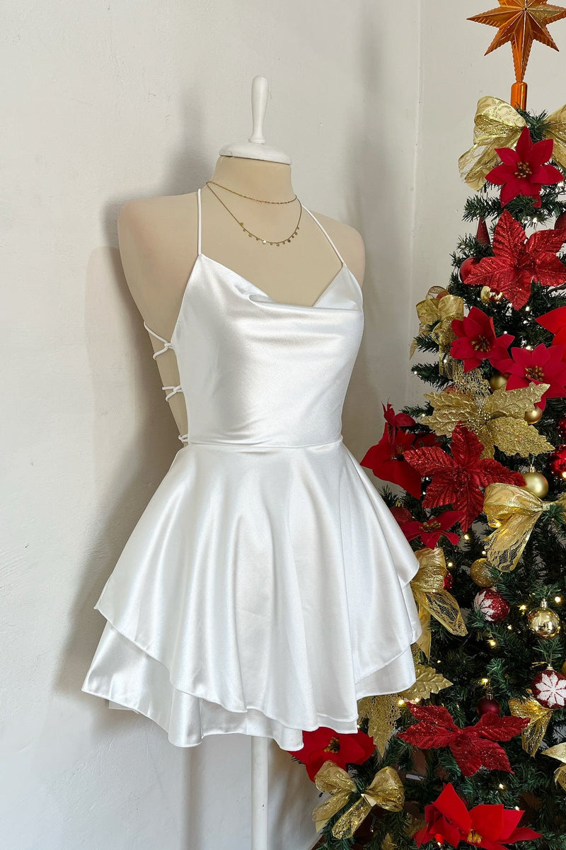 Spaghetti Strap Cowl Neck Tiered A-line Homecoming Dress
