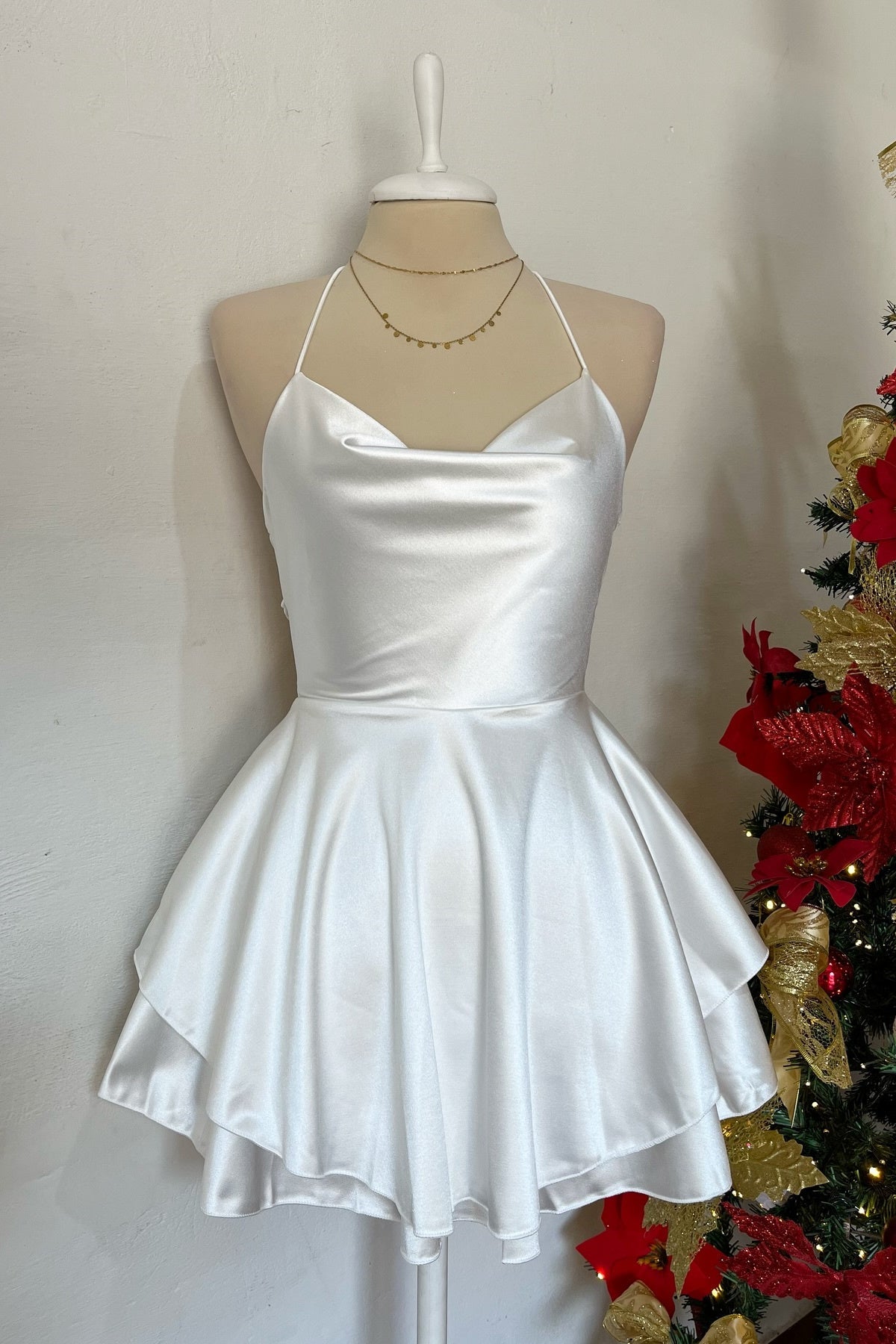 Spaghetti Strap Cowl Neck Tiered A-line Homecoming Dress
