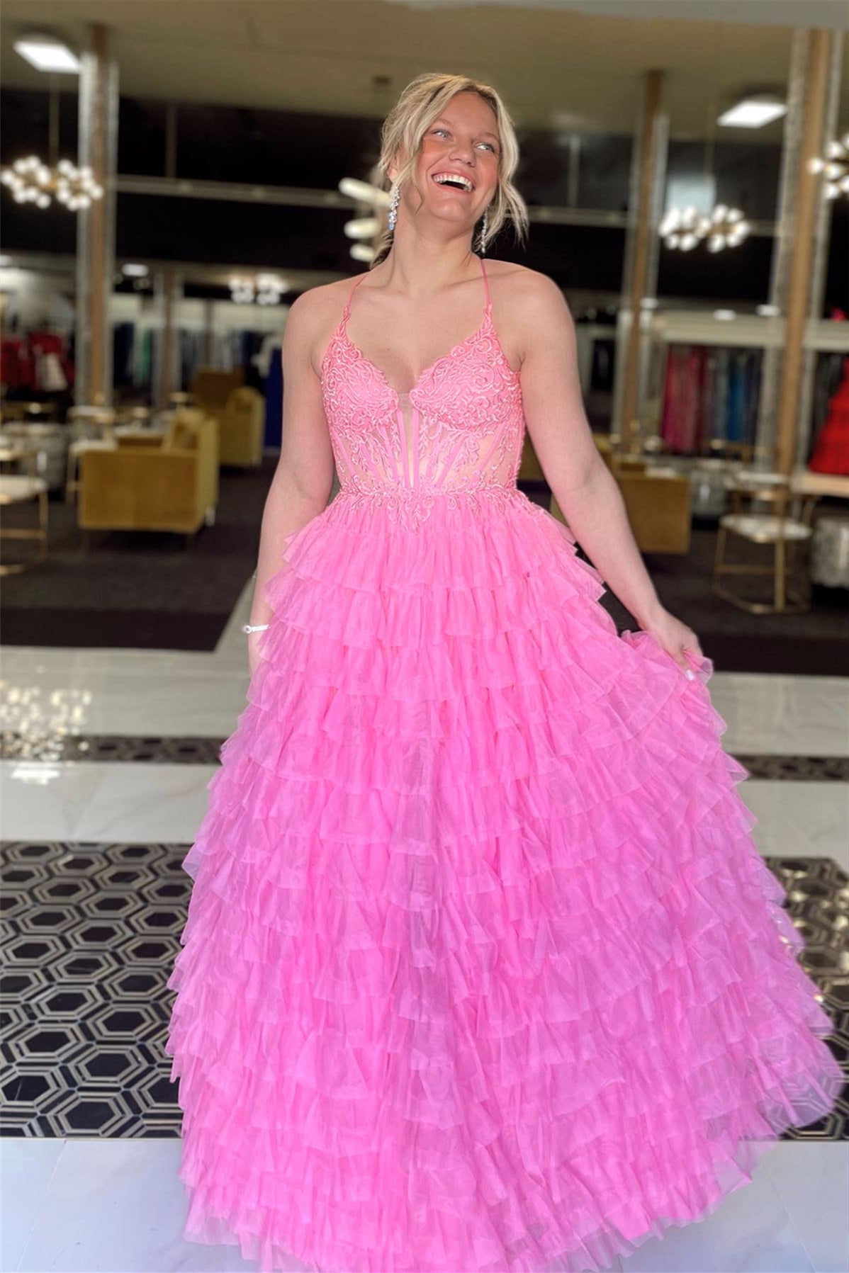 Pink Layers Appliques Halter A-line Long Prom Dress