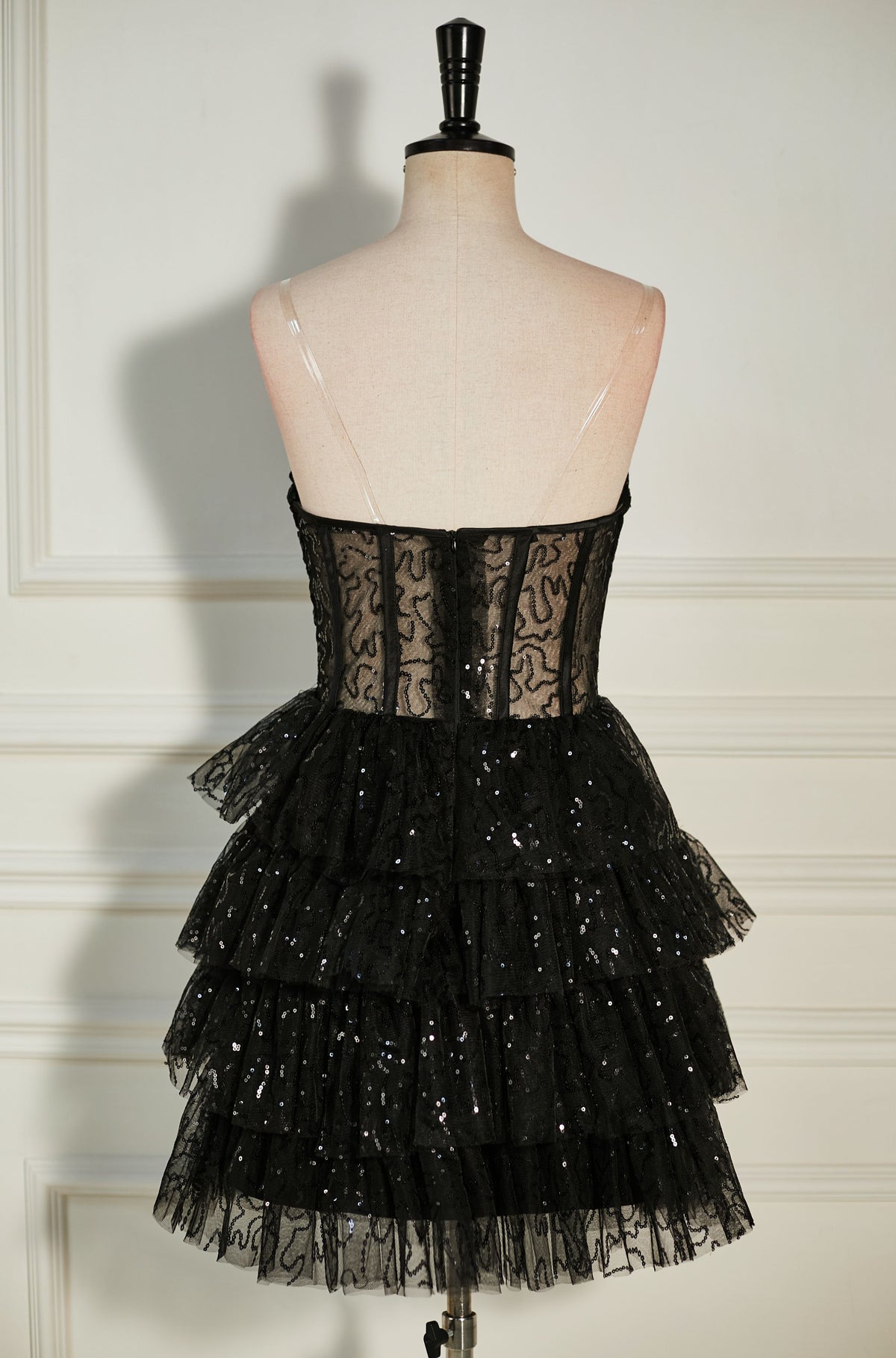 Black Strapless Beaded Multi-Layers Homecoming Dress