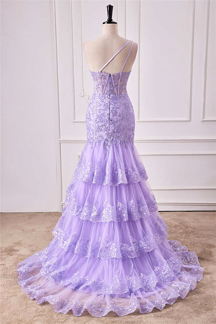 Lavender One Shoulder Floral Layers Mermaid Long Prom Dress with Slit