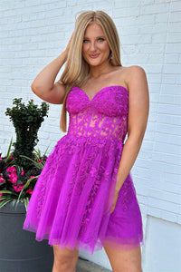 Red Strapless Appliques A-line Tulle Homecoming Dress