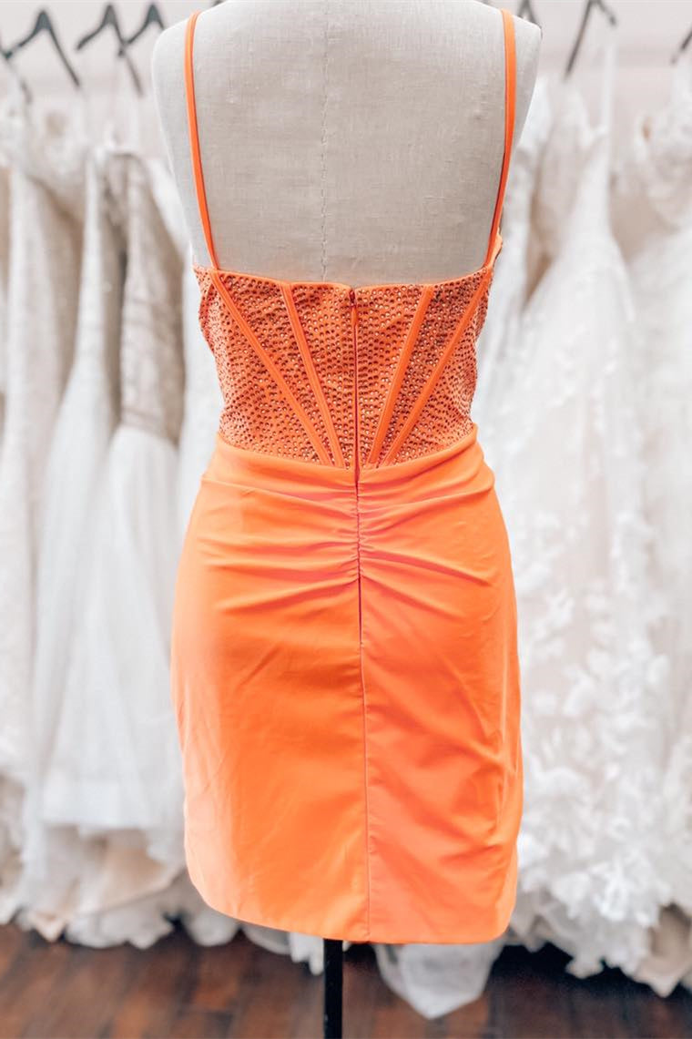 Orange Beaded Sheath Satin Straps Homecoming Dress