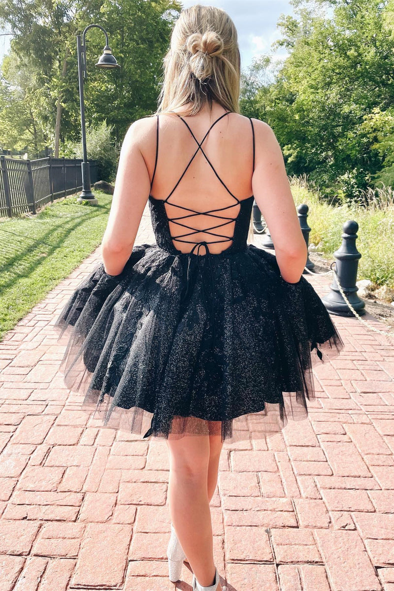 Sparkly Black A-line Appliques Lace-Up Homecoming Dress