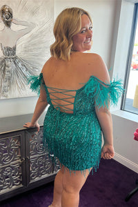 Hunter Green Off-the-Shoulder Sequined Tassels Homecoming Dress with Feathers