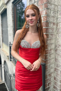 Red Beaded Strapless Pleated Sheath Homecoming Dress