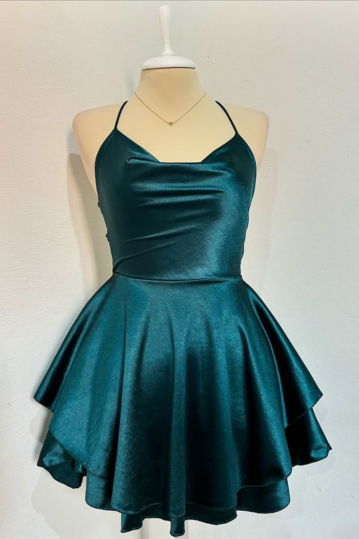 Spaghetti Strap Cowl Neck Tiered A-line Homecoming Dress